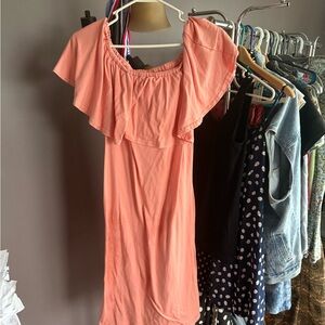 Elegant Coral Off-Shoulder Midi Dress